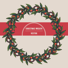 Vector Winter Christmas Wreath. Floral frame. Round borde