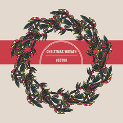  Vector Winter Christmas Wreath. Floral frame. Round borde