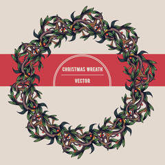  Vector Winter Christmas Wreath. Floral frame. Round borde