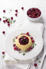 Cheesecake, cottage cheese pudding with cranberry jam, fresh cra