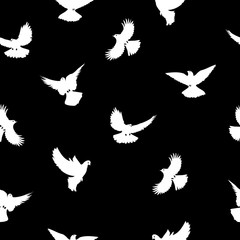 Birds silhouettes - flying seamless pattern. Black and white.