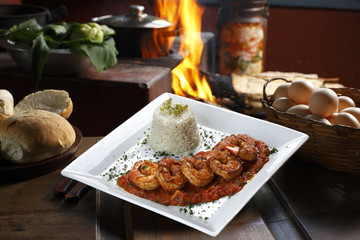 Haute cuisine, large shrimp with sauce