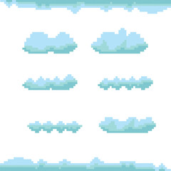vector sky with clouds pixel art background.