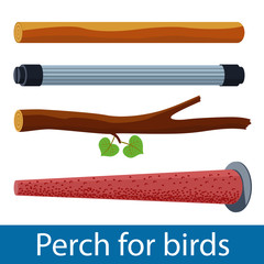 Vector illustration of plastic and pumice perch for pet birds and wood branch. Isolated accessories for parrot, canary or other bird in cage. 