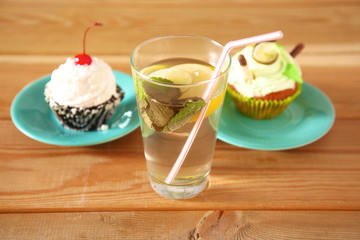 beautiful ice cream and drinks on the wooden table