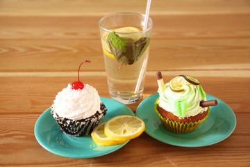 beautiful ice cream and drinks on the wooden table