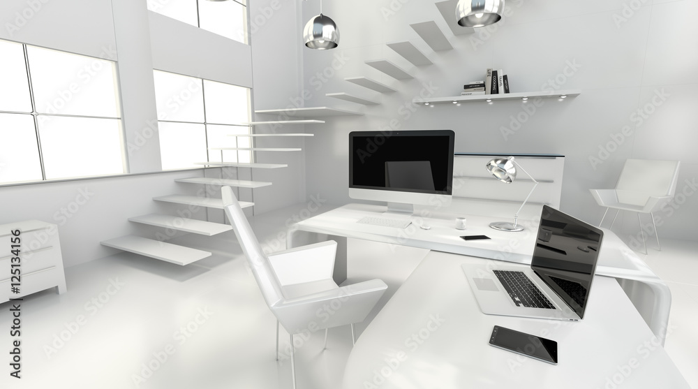 Poster modern white office interior with computer and devices 3d render