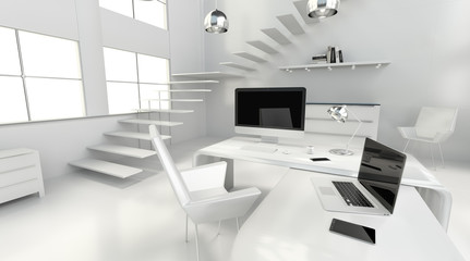 Modern white office interior with computer and devices 3D render
