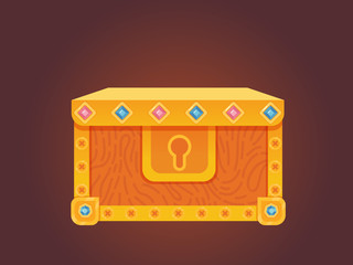 Medieval gold treasure chest illustration. Vector shiny game design element. With blue and pink gems inlay