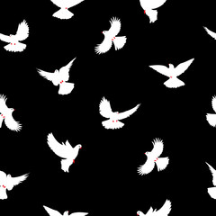 Birds silhouettes - flying seamless pattern. Dove with a red beak and legs