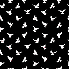 Birds silhouettes - flying seamless pattern. Dove with a red beak and legs