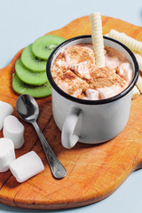 Hot cocoa in a mug with marshmallows and cinnamon