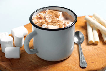 Hot cocoa in a mug with marshmallows and cinnamon