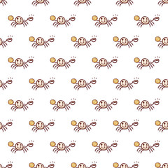 Happy vampire spider with coffee and cookie. Halloween vector seamless pattern on white. Hand drawn cartoon sketchy design element for halloween party invitation card, wrapping paper, greeting card