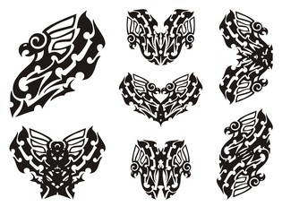 Tribal eagle set. Stylization of an eagle and double eagle symbols. Black on white
