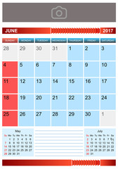 Calendar for June 2017. Sunday first