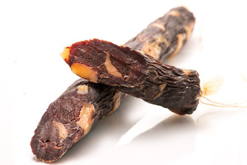 jerked sausage on a white background