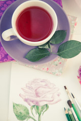 watercolor rose and tea
