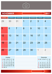 Calendar for November  2017. Sunday first