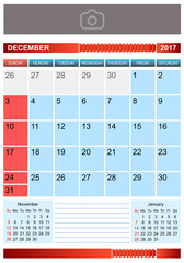 Calendar for December 2017. Sunday first