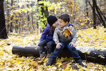 children playing in beautiful autumn park on cold sunny fall day.