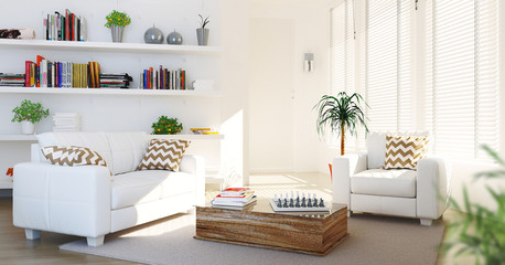 Salotto con divano bianco e poltrona luminoso nuovo minimal - obrazy, fototapety, plakaty