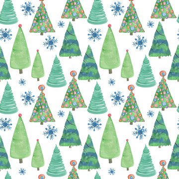 Watercolor painting seamless pattern with Christmas tree