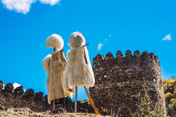 Two georgian national costumes hanging on wooden sticks on a hil