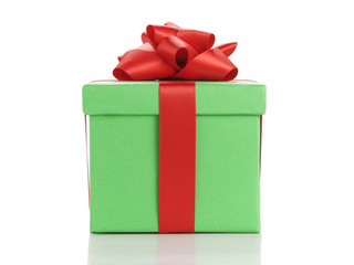 green gift box with red ribbon bow isolated on white