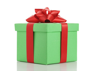 green gift box with red ribbon bow isolated on white
