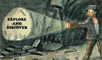 Color illustration showing an explorer in a cave reading 'explore and discover' on the cave wall.