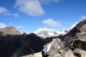 Hiking in Khumbu Valley in Himalayas mountains, Gokyo peak trek, Nepal.