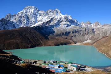 Poster Hiking in Khumbu Valley in Himalayas mountains, Gokyo peak trek, Nepal. © Alena