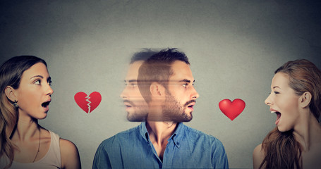 New relationship concept. Love triangle. Young man falls in love with another woman - obrazy, fototapety, plakaty