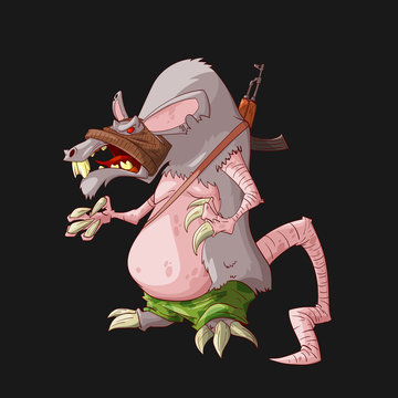 Colorful vector illustration of a cartoon big hairy scary rat terrorist with big teeth and fangs armed with asault rifle, wearing camouflage pants.
