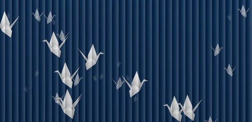 abstract background of blue origami paper cranes on the wavy texture in the form of blinds