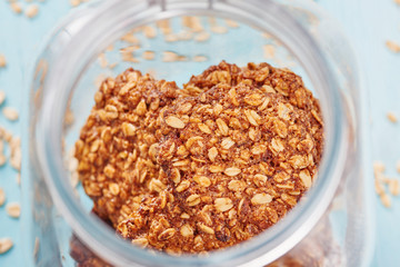 Homemade oatmeal banana cookies in the jar close up