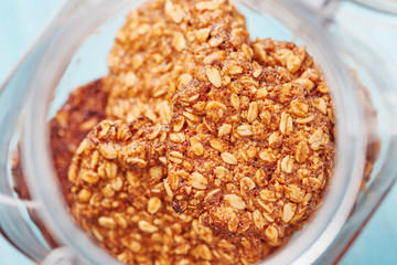 Homemade oatmeal banana cookies in the jar close up