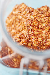 Homemade oatmeal banana cookies in the jar close up
