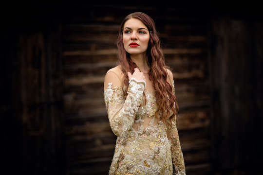 Thoughtful Young Woman Freezing. Fantasy Fashion Idea. Long Time Coming.