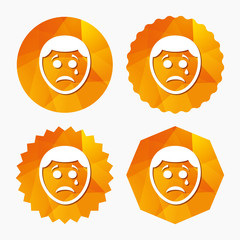 Sad face with tear sign icon. Crying symbol.