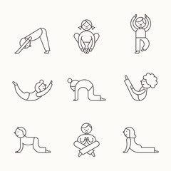 Naklejka na ściany i meble Vector illustration of kid yoga. Yoga poses gymnastics for children. Thin line design style.