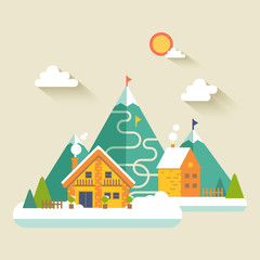 Winter Village landscape. Vector flat illustration