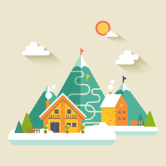 Fototapeta premium Winter Village landscape. Vector flat illustration