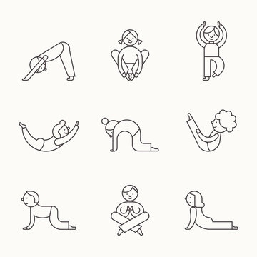 Vector illustration of kid yoga. Yoga poses gymnastics for children. Thin line design style.