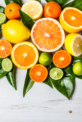 Assorted fresh citrus fruits with leaves. Background