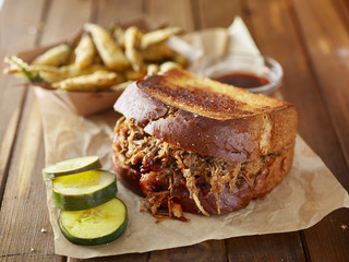 barbecue pulled pork sandwich with fried okra