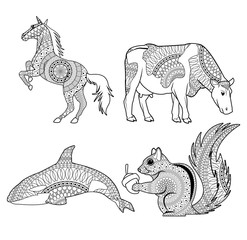 horse cow whale and squirrel icon. Animal life nature and fauna theme. Isolated black and white design. Vector illustration