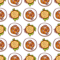 Cheeseburger, Soup with eyeballs, dead man hand and tentacle. Halloween meal seamless pattern on white. Dips with scary food, top view. Hand drawn sketchy background, design element