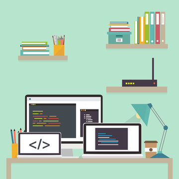 flat design icon of programming and coding